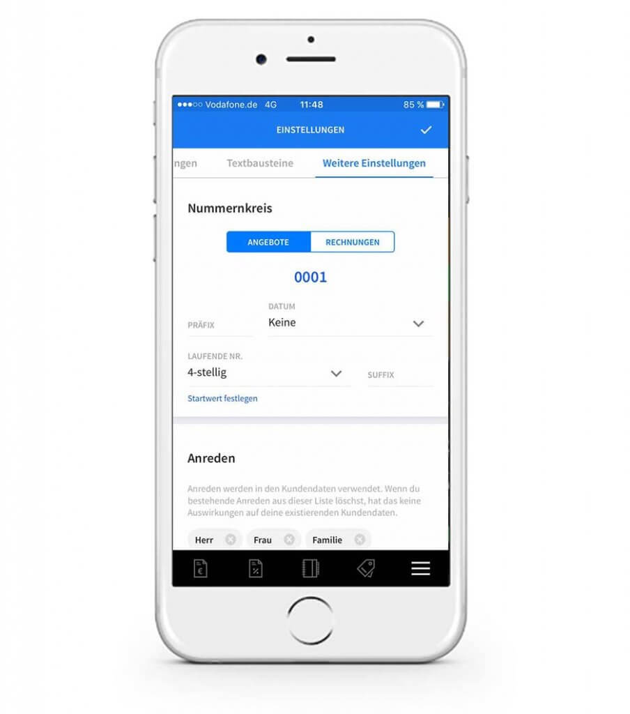 Nummernkreis in der mobilen invoiz App ändern